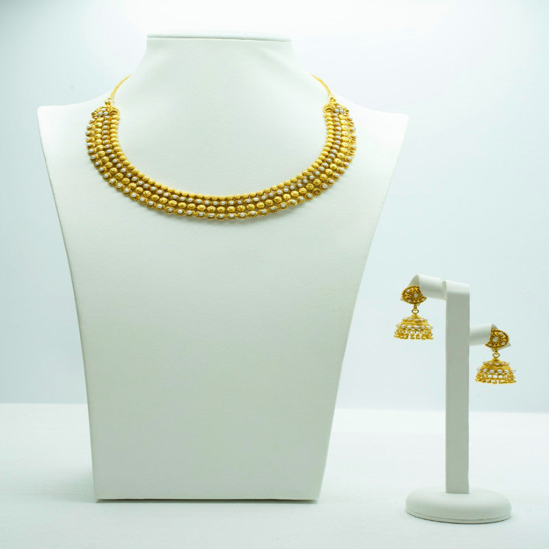 yellow-gold beaded set with jhumkas-