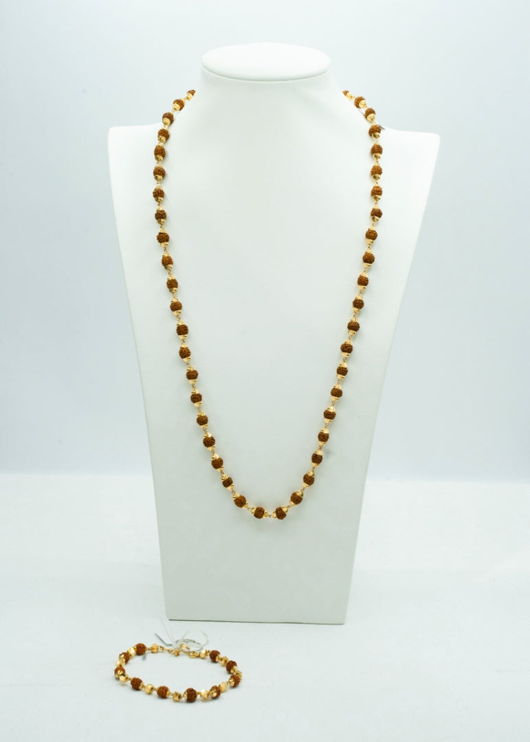 Long rudraksha with gold cupping chain with matching gold and rudraksha bracelet