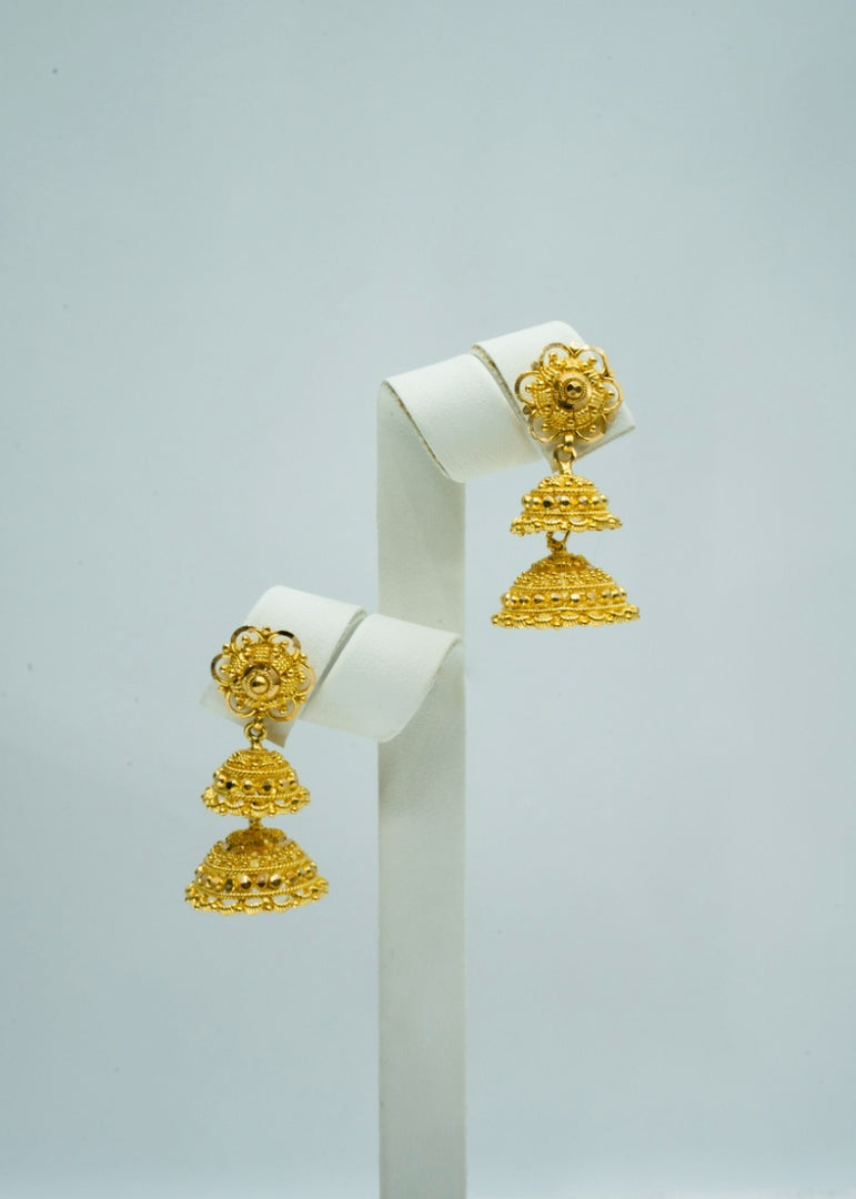 Exquisite sunburst floral designed two-layered jhumka earrings in yellow-gold
