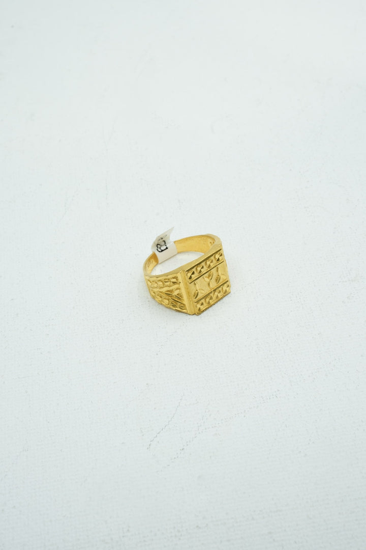 Gold signet square ring with intricate carvings