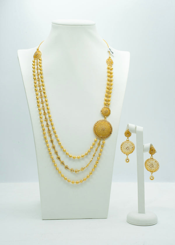 Elegant gold-beaded teen ladi harayyiya haar with matching drop earrings