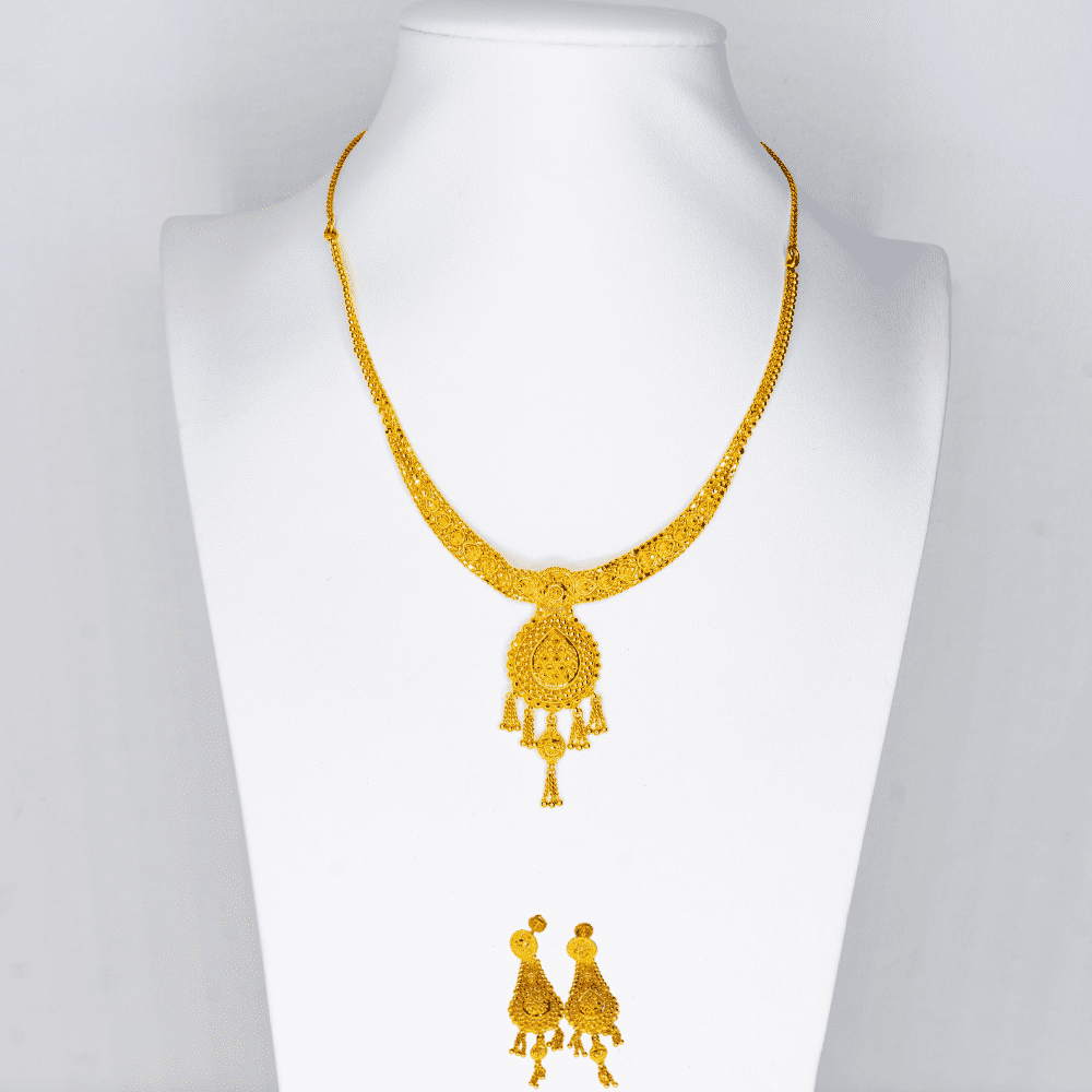 Contemporary sun gold necklace and earrings